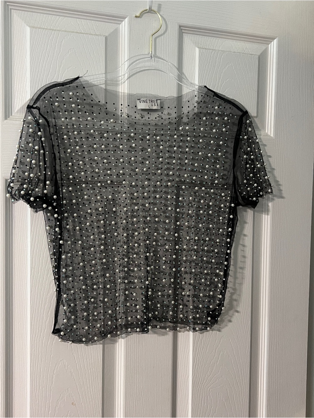 Black mesh t with pearls and rhinestones